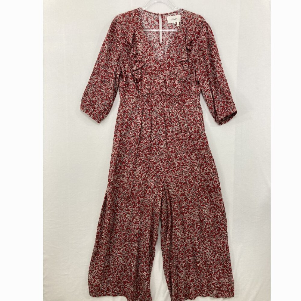 Ba&sh size Medium Red Abstract Floral Ruffle V Neck Wide Leg Cloy Jumpsuit - Picture 3 of 12